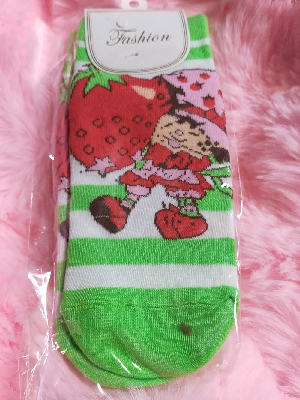 Striped Green & White Strawberry Character Socks